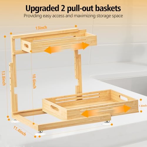 Banlilu Under Sink Organizer, Pull Out Cabinet Organizer, 2 Tier Slide Out Sink Shelf Cabinet Storage Shelves, Storage for Kitchen Bathroom, Natural Premium Bamboo Wood - Image 3