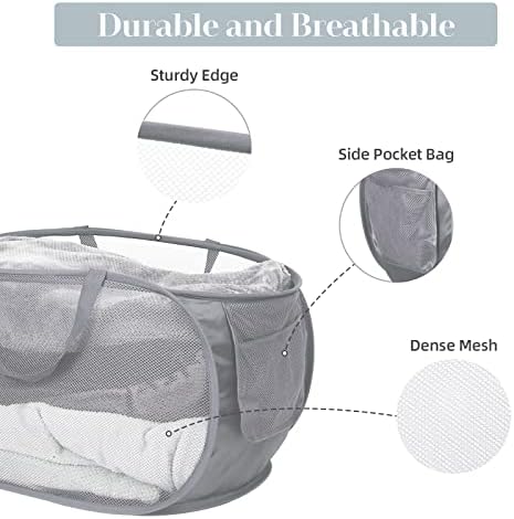 4 Pack Collapsible Laundry Baskets, Foldable Laundry Basket with Pocket, Durable Pop Up Hampers, Reinforced Handles Dirty Clothes Hamper for Laundry, Bedroom, Bathroom, Dorm, Travel or Camping Grey - Image 5