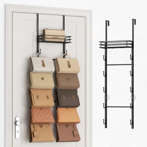 SWTYMIKI Over the Door Purse Organizer - Wall Mounted Handbag Organizer with 10 Hooks and Metal Basket, Hanging Purse Storage Rack Holds up to 10 Bags, Bag Rack Can Use As 1/2 Part, for Door, Closet by SwtyMiki-TidyHomeSweetLife