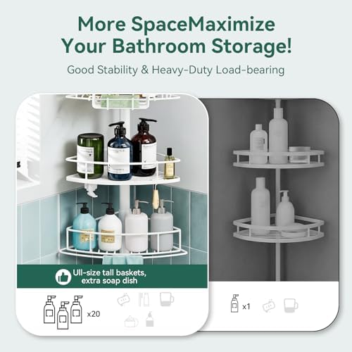Corner Shower Caddy Tension Pole, 4 Tier Rustproof Shower Tension Rod Organizer, Adjustable 25-125 Inch Bathroom Shower Organizer Shelves for Bathtub Shampoo Storage, White - Image 4