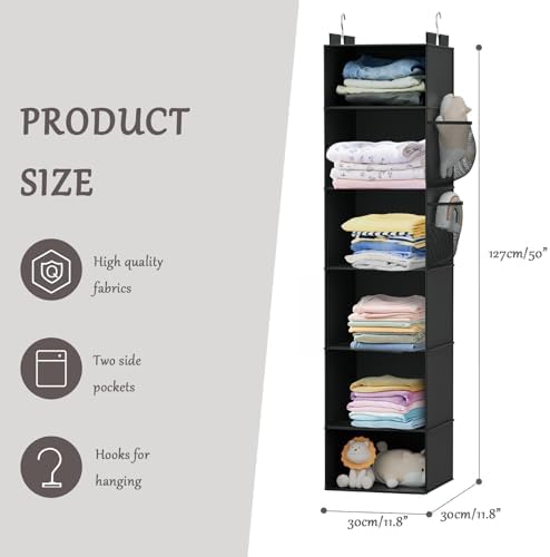 Hanging Closet Organizer and Storage with Bamboo Support, 6-Shelf Closet Hanging Storage Shelves, Closet Organizers Easy Mount Foldable for Bedroom(Black) - Image 2
