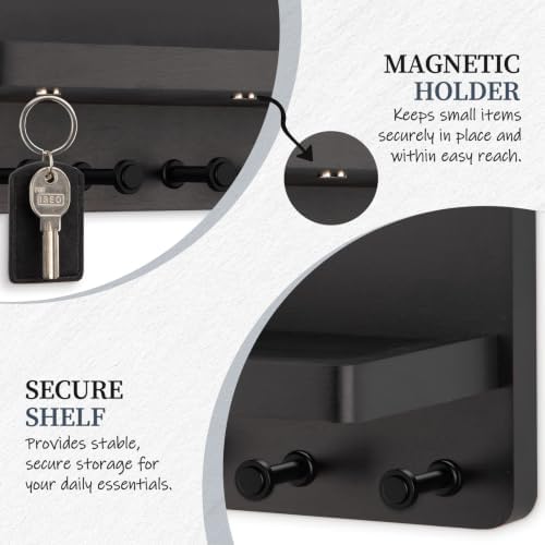 Nekon Key Holder for Wall with Shelf, Pine Wooden Key Hanger, Black - Image 4