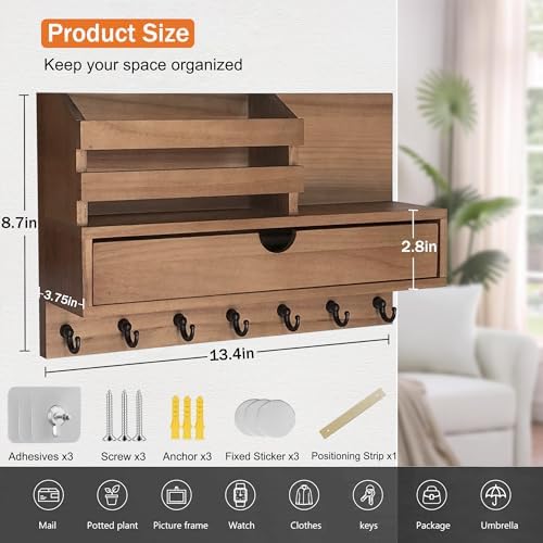 dreampossible Key and Mail Holder for Wall, Mail Organizer Wall Mount with 7 Hooks and Storage Drawer, Wooden Key Rack Hanger with Shelf for Entryway and Home Decor - Image 2