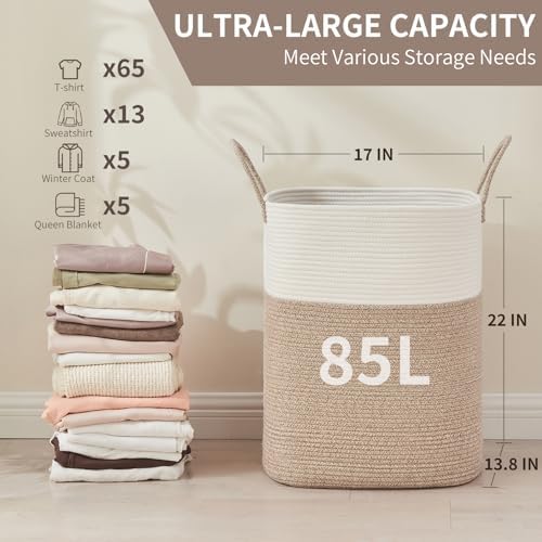 AINUOQI Laundry Basket with Handles - Blanket Basket & Hampers for Bedroom Aesthetic, Laundry Hamper & Blanket Storage for Living Room, Clothes Hamper, Tall, Large 17" x 14" x 26”, White & Rice Brown - Image 2