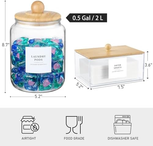 Glass Jars and Dryer Sheet Holder with Bamboo Lids, Dispenser Set and Labels, Containers for Laundry Room Organization and Storage, Half Gallon Airtight jars, Acrylic Storage Box for Laundry supplies - Image 7