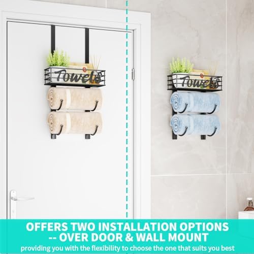 HapiRm Towel Racks for Bathroom Storage - 3 Tier Over The Door & Wall Mount Rolled Towel Storage Organizer Holder with Metal Shelf Basket for Small Bathroom, Camper, Rv - Black, Patented - Image 2