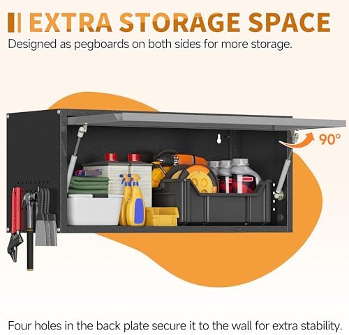 Metal Garage Wall Cabinet with Up-Flip Door,Wall-Mounted Steel Storage Cabinet, Float Tool Cabinet with Pegboard,Upper Cabinet for Kitchen,Garage,Workshop,Warehouse(13.8" H,Black&Gray) - Image 3