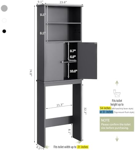 Over the Toilet Storage Cabinet for Bathroom, Storage Cabinets Over Toilet, Bathroom Floor Mounted Cabinet Space Saver with Adjustable Shelf and 2 Open Shelves, 75in, Grey - Image 2