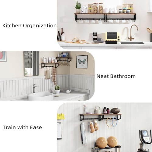 Coat Rack Wall Mount, Wood Wall Shelf with Hooks, Coat Hanger Wall Mount with 4 Metal Hooks, Wall Mounted Coat Rack Organizer for Entryway, Bedroom, Living Room, Room Decor, Brown 2 Pack - Image 5