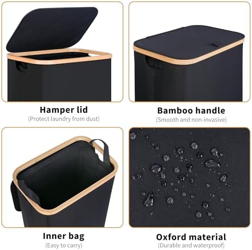 iEGrow 75L Slim Laundry Hamper, Narrow Laundry Basket with Lid,Foldable Clothes Hamper with Bamboo Handles,Hamper Basket with Removable Inner Bag for Laundry Room Bedroom College Dorm,19.8 Gals Black - Image 4