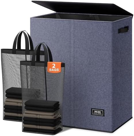 SOLEDI Large Double Laundry Hamper with Lid, Collapsible Clothes Hamper 2 section with Removable Bags, Space-Saving Laundry Basket for Bedroom, Dorm, College by SOLEDI