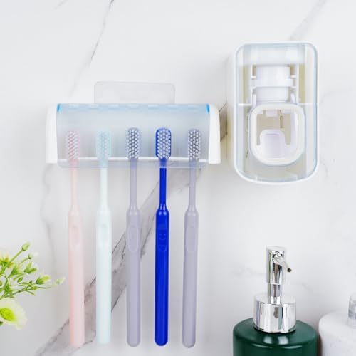 5 Slots Wall Mount Toothbrush Holder with Cover, Self Adhesive Toothbrush Storage Organizer for Shower, Toothbrush Hanger with Automatic Toothpaste Squeezer Dispenser(White + Blue) - Image 3