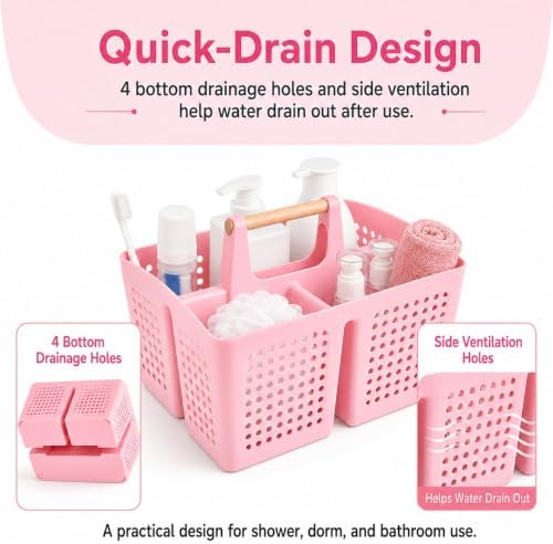 Portable Shower Caddy Basket with 3 Compartments and Handle, Caddy Pink - Image 4