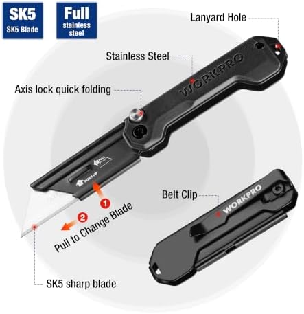 WORKPRO 2PCS EDC Folding Utility Knife, Mini Box Cutter with Quick Open Axis Lock, Quick Change Blade Razor Knife, Foldable Small Pocket Knife with Belt Clip, 2 Packs with 10 Extra Blades - Image 3