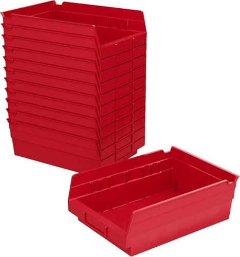 Akro-Mils 30150 Heavy Duty Plastic Shelf Bins, 12"x 8"x 4", Red, 12-Pack by Akro-Mils