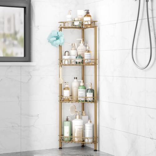 SWTYMIKI Standing Shower Caddy Corner - 4‑Tier Stainless Steel Shower Organizer Shelf with 12 Hooks and Adhesive Pads, Rustproof Corner Shelves Stand Rack for Bathroom Shower Room, Gold by SwtyMiki-TidyHomeSweetLife