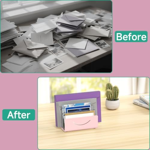 Mail Organizer Envelope Holder - 3 Compartments Pink Acrylic Mail Holder Countertop Home Office Desk Organizer Small File Sorter Vertical Bill Letter Paper Document Storage Rack - Image 3