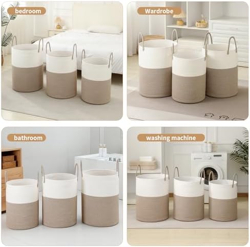 Laundry Basket Hamper Tall Rope Storage Woven for Blanket Toys Dirty Clothes in Living Room Bathroom Bedroom White & Brown 60L/15.8Gal - Image 4
