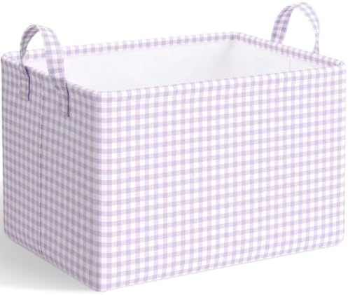 Hushee Purple Gingham Basket Checkered Storage Collapsible Bin with Handles by Hushee