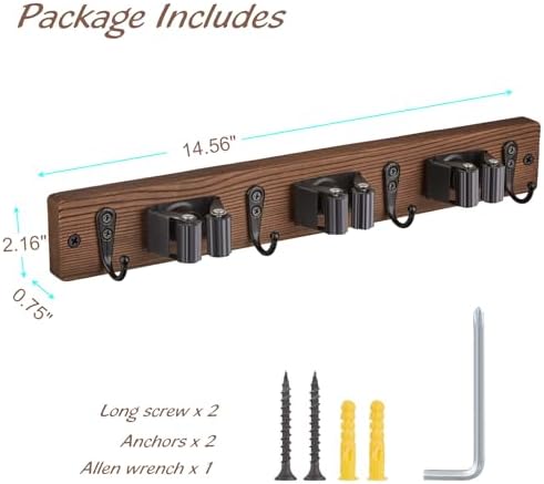 OUTNILI 2 Pack Mop Broom Holder Wall Mount with 3 Slots & 4 Hooks - Rustic Wood Broom Mop Hanger for Pantry Kitchen Organization - Garden Tool Organizer for Closet Laundry Room - Image 6