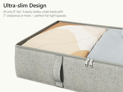 2-Pack Under Bed Storage Containers, 6 Inches Tall Clothes Storage, Grey | High Side Collapsible Underbed Organizer Bin with Sturdy Sidewalls/Bottom, Cotton Linen Bins, For Seasonal Clothes & Bedding - Image 6