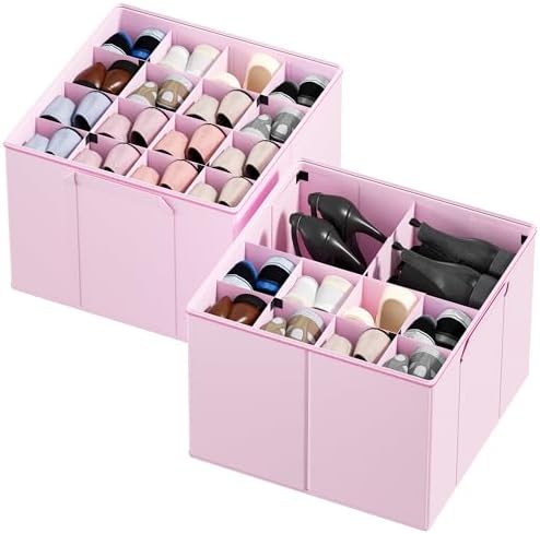 SpaceAid Shoe Organizer for Closet, 2 Pack Foldable Shoe Storage Containers Baskets Boxes Bins w/Adjustable Dividers, Fits 16-32 Pairs, Pink by SpaceAid