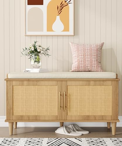 Akxomel 39.4" Rattan Shoe Storage Bench 2 Doors Wooden Entryway Bench Oak by Akxomel