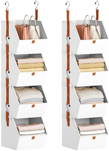 Homsorout Hanging Closet Organizer 4 Tier - Clothes Hanging Shelves, Space-Saving Closet System, Fabric Storage Bins Bedroom Organization, Collapsible Baskets for Home, Dorm, Rv, White, 8 Pack by Homsorout