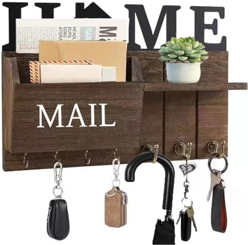 Rustic Wall Key Holder with Shelf & Hooks - Mail Organizer for Entryway | Wooden Key Rack for Keys, Coats, Dog Leash - Brown by DearyHome