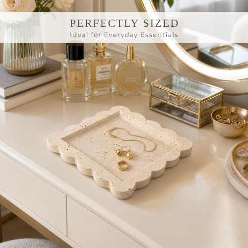 Decorative Scalloped Tray - Beautiful Travertine Stone Inspired 8"x8" Vanity Tray for Jewelry, Perfume and Trinkets - The Perfect Resin Decor Accent for Any Bathroom, Nightstand & Marble Coffee Table - Image 6