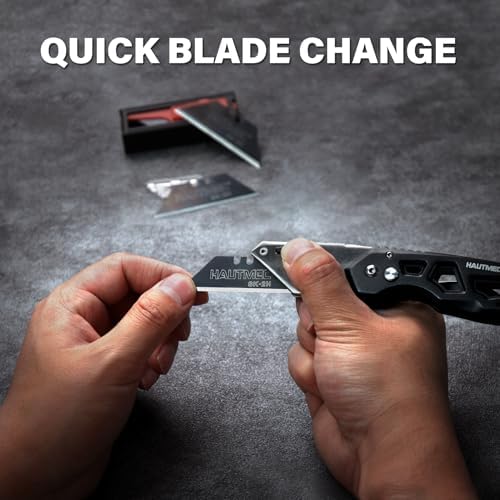 HAUTMEC Heavy Duty Folding Utility Knife, Aluminum Box Cutter with 11PCS SK2H Blades, EDC Safety Work Knife with Belt Clip & Carabiner for Fast-Cutting Tasks, HTUCH25002 - Image 5
