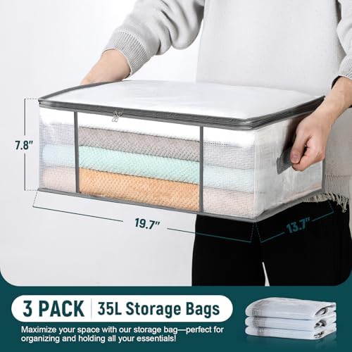 LANDNEOO 3-Pack Clothes Storage Bags, Plastic Foldable Blanket Storage bins, Closet Organizer Container for Bedroom, Bedding, Comforters, Pillows, and Clothing - 35L with Handles - Image 2