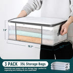 LANDNEOO 3-Pack Clothes Storage Bags, Plastic Foldable Blanket Storage bins, Closet Organizer Container for Bedroom, Bedding, Comforters, Pillows, and Clothing - 35L with Handles - Image 2