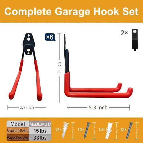 Garage Hooks, 6 Pack Medium Square Wall Hooks for Hanging Heavy Duty Ladders, Bikes, Tools Ideal for Garage, Garden, Basement Utility Room Storage (Orange) - Image 2