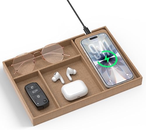 Valet Tray with Wireless Charger, Nightstand Organizer & Catchall Tray for Phone, Keys, Glasses and Accessories, Premium Linen, Stylish Desk & Bedside Storage Station by wirelessfuturecharger