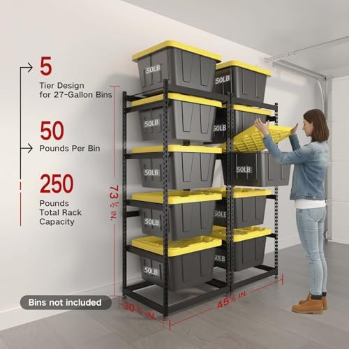 FERO 27 Gallon Tote Storage Rack, Heavy-Duty Storage Bin Rack Organizer, 5-Tier Standing Storage Bin Shelves, 250 lb Capacity, Maximize Space for Garage, Warehouse, Utility(Totes Not Included) - Image 2