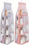 AARAINBOW 2 Packs Hanging Handbag Purse Organizer, Hanging Hand Bag Organizer Wardrobe Closet Purse Holder, 8 Pockets, 43.3L x 14.1W (B Gray Light Pink) by AARAINBOW