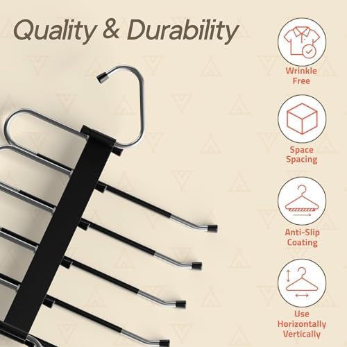 Black Space Saving Pants Hangers 2 Pack, 6 Layer Jeans Hangers and Closet Organizer for Jeans, Scarves, Skirts, Multi-Layer Hanger with Anti-Slip Coating & Stopper, Heavy-Duty S-Type Stainless Steel - Image 5
