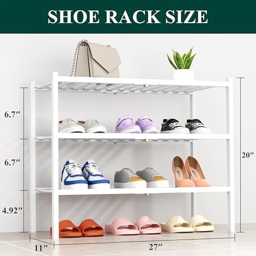 Smiry Bamboo Shoe Rack, 14 Vertical Slats, 3 Tier - 26.8" Wide, White - Image 2