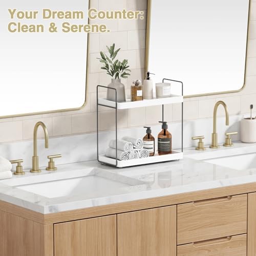 Forbena White Bathroom Organizer Countertop, Kitchen Counter Shelf Organizer for Coffee Bar Station, Makeup Vanity Organizers and Storage, Tiered Sink Tray for Perfurm Skincare (White and Grey) - Image 5