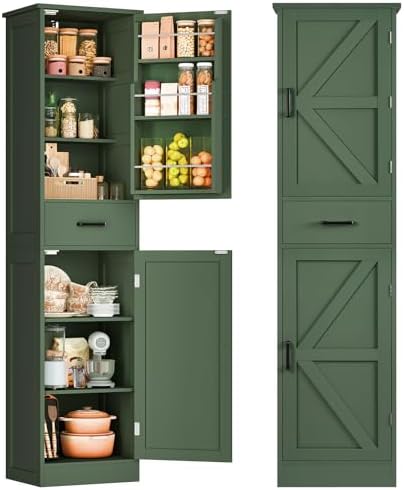 TEENFON Kitchen Pantry Cabinet with 3 Door Shelves & 1 Drawer, Narrow Bathroom Cabinet with Adjustable Shelves, Tall Storage Cabinet for Living Room, Bathroom, Entryway, Green by TEENFON