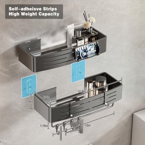 Voldra Adhesive Shower Caddy, 2 Pack Shower Shelves for Inside Shower No Drilling, Aluminum Stick On Showers Organizer with Towel Bar & Hooks Removable Bathroom Shelf Storage Rack(Gray) - Image 6