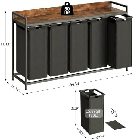 Herture Laundry Hamper with Shelf, Laundry Basket 5 Section, Laundry Sorter with Pull-Out Removable Large Bags and Movable Wheels, Metal Frame, 5 x 15.87 Gallons (60L), Rustic Brown + Black PF08XLY - Image 2