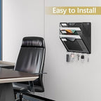 EasyPAG 3 Pocket Mesh Wall File Organizer with Key Hooks, Hanging Paper Folder Holder with Classify Label, Vertical Wall Mount Mail Organizer for Office Home Classroom, Black - Image 5
