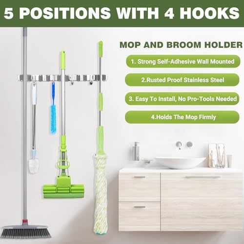 UNIFUN Broom Holder Wall Mount, 5 Racks 4 Hooks, Stainless Steel Organizer - Image 2