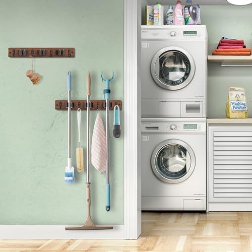 OUTNILI 2 Pack Mop Broom Holder Wall Mount with 3 Slots & 4 Hooks - Rustic Wood Broom Mop Hanger for Pantry Kitchen Organization - Garden Tool Organizer for Closet Laundry Room - Image 3