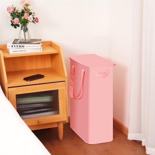 efluky Slim Laundry Basket with Lid, Narrow Laundry Hamper with Handles, Collapsible Dirty Clothes Hamper, Tall Laundry Bin for Laundry Room, Dorm and Bedroom, 55L pink - Image 5