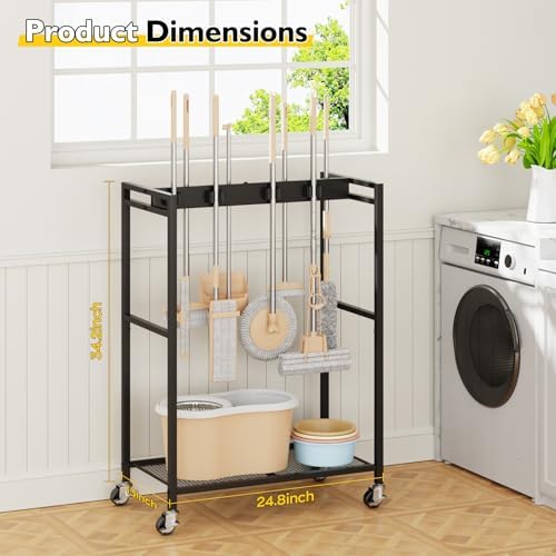 BORISI Broom And Mop Holder, Movable Broom Closet Storage Cabinet, Cleaning Cart with Mop Hanger Gripper Rack, Janitorial Cart, Utility Carts, Laundry Room Organization Home Essentials - Image 2