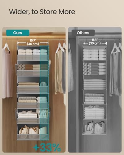 SONGMICS Widended Hanging Closet Organizer and Storage, 6-Tier, Separable | Foldable,Fabric Storage Shelf with 4 Side Pockets, Metal Hooks and Bamboo Inserts, Dove Gray, TINA Collection URCH007G01 - Image 4