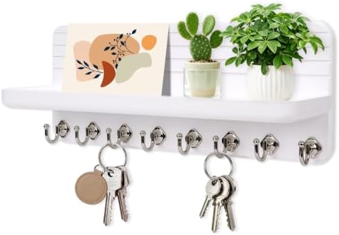 Key Holder for Wall, Mail Organizer Wall Mount with 8 Hooks Wooden Hanging Key Rack for Home Decor, Hallway, Entryway (White) by Unknown